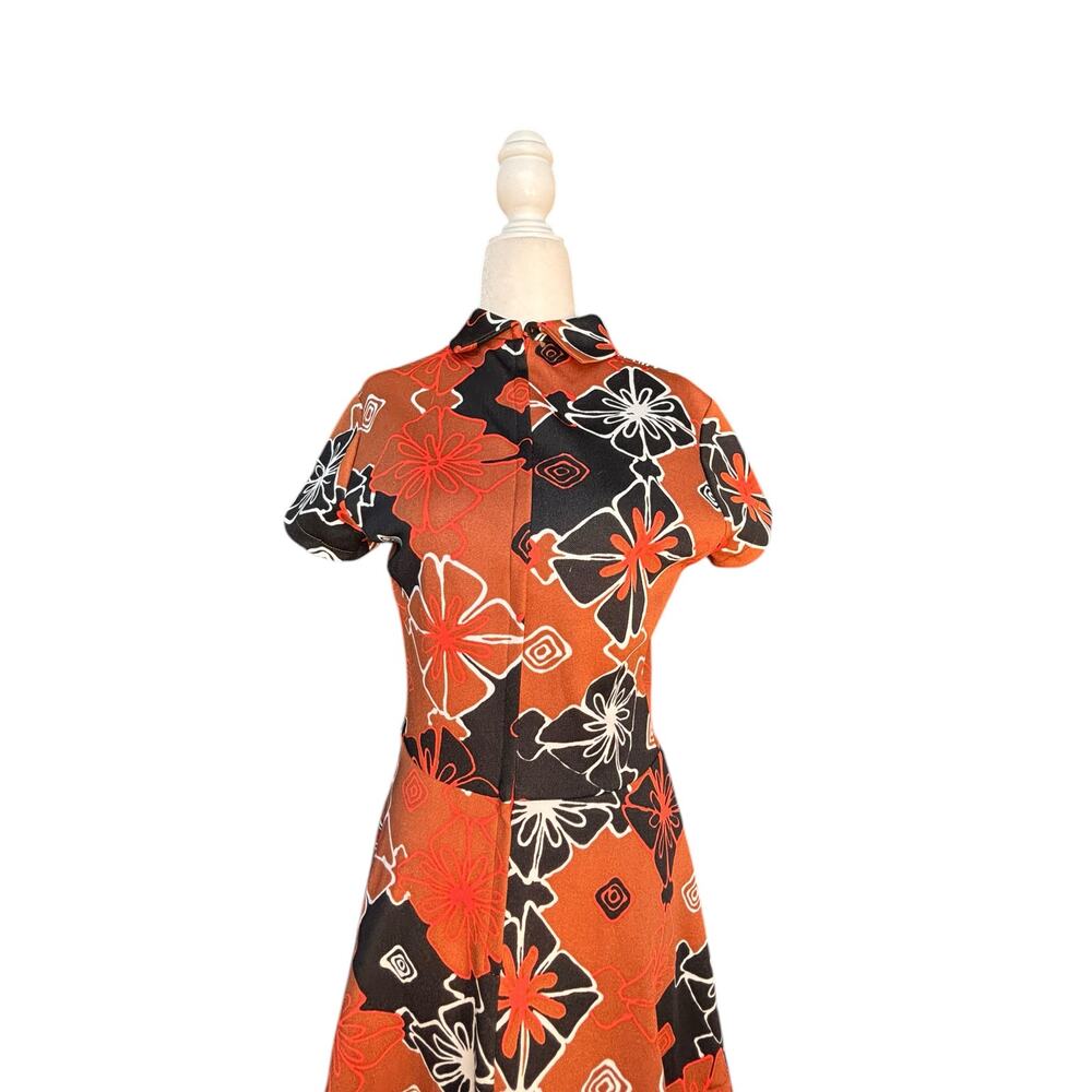 Sears Fashions Mod Floral Mini Dress Orange Black 60s 70s A Line Short Sleeve - Picture 3 of 11